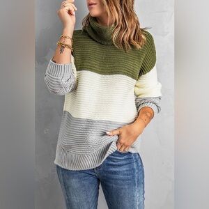 Color Block Side Slit Turtleneck Pullover Sweater Green